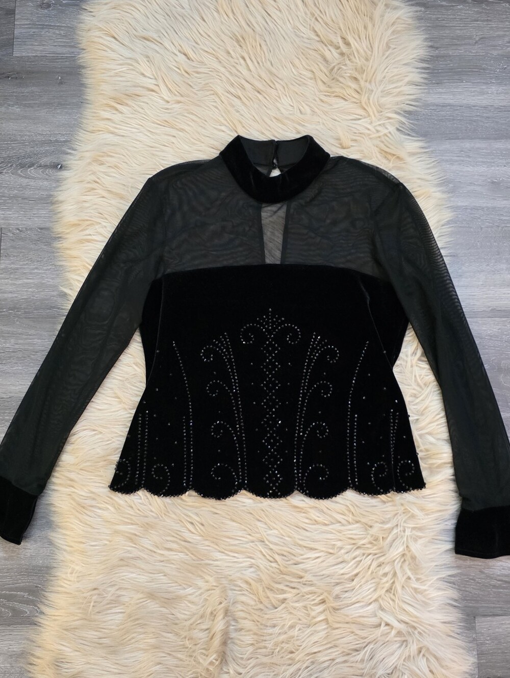 Vintage J.R.Nites By Caliendo Black Sheer Velvet Embellished Long-Sleeve Top 12